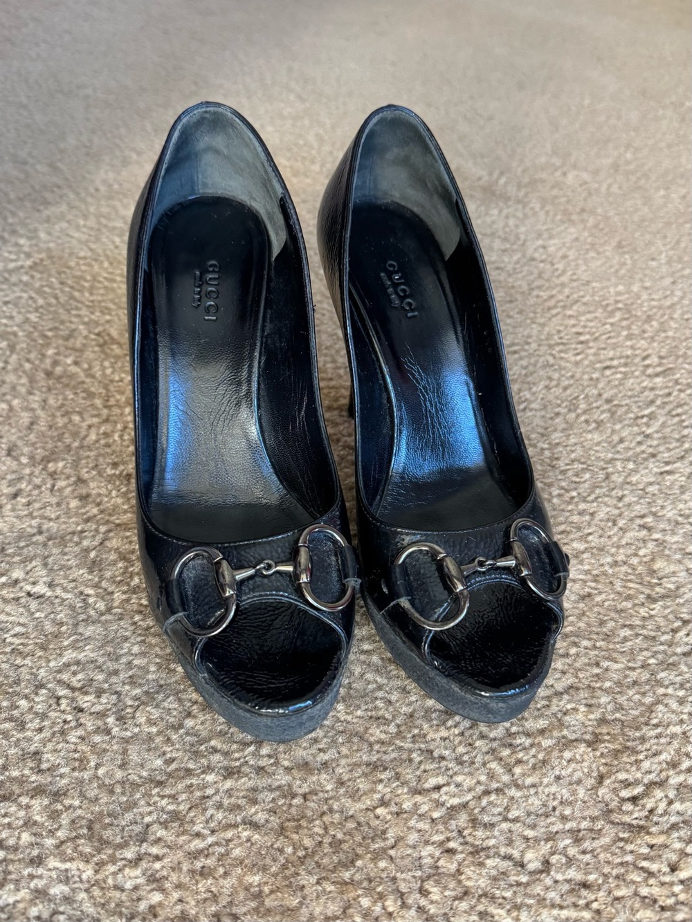 Gucci Black Leather Peep-Toe Pumps with Horsebit Detail 6.5